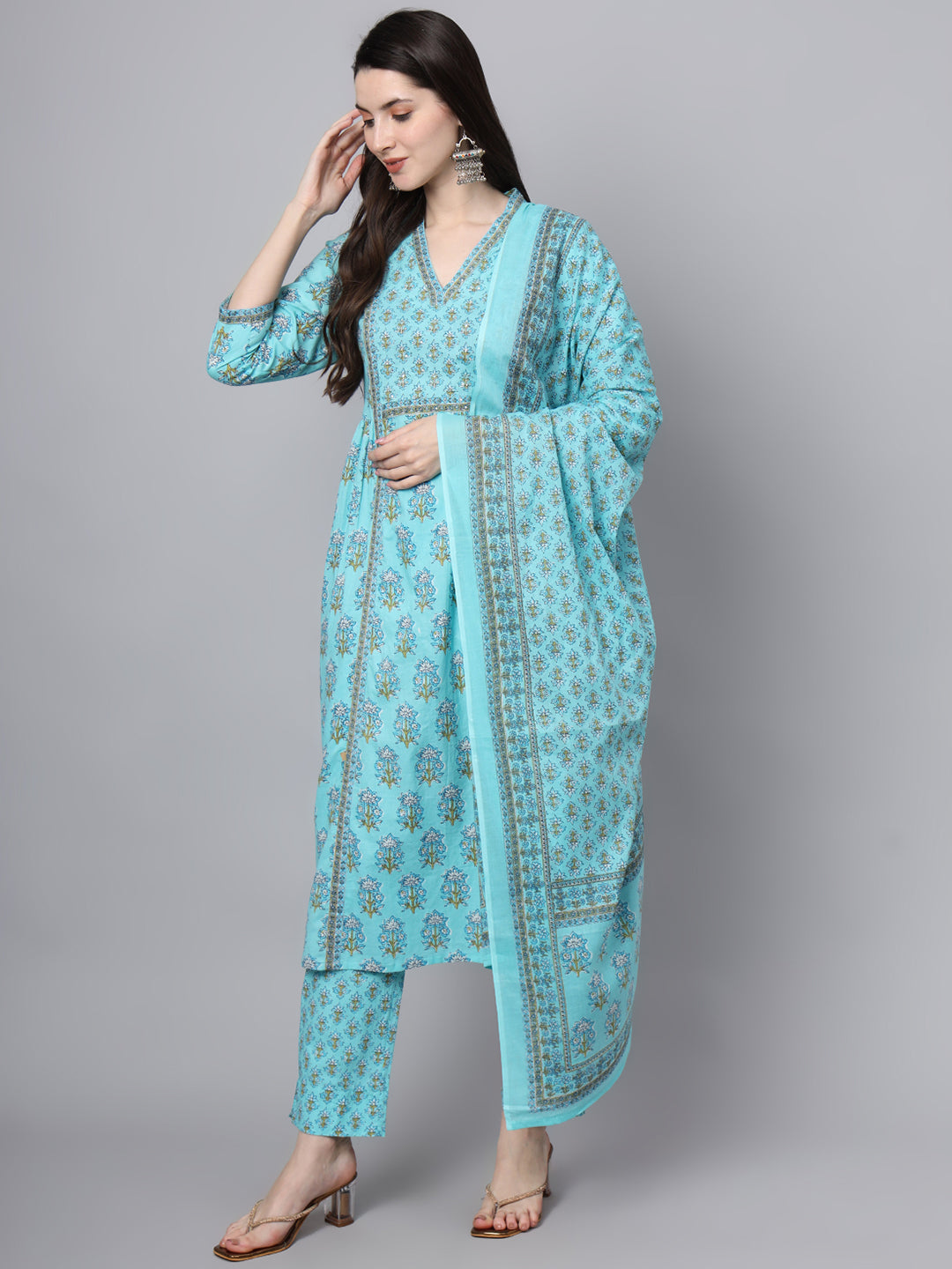 Divena Sky Blue Cotton Printed Sequin Kurta Set