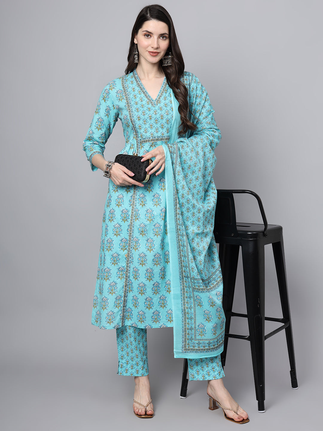 Sky Blue Cotton Printed Sequin Kurta Set — view 1