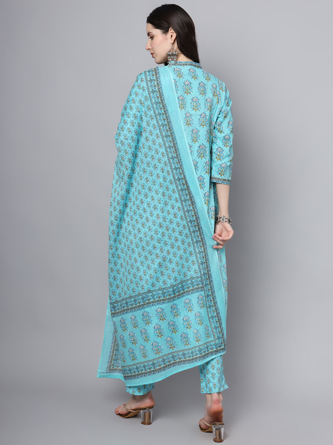 Divena Sky Blue Cotton Printed Sequin Kurta Set