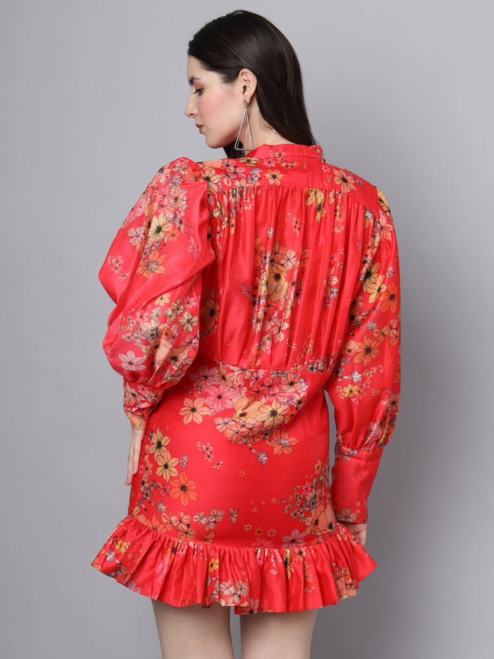 Divena Red Floral Printed Chanderi Midi Dress