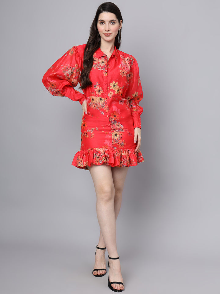 Divena Red Floral Printed Chanderi Midi Dress