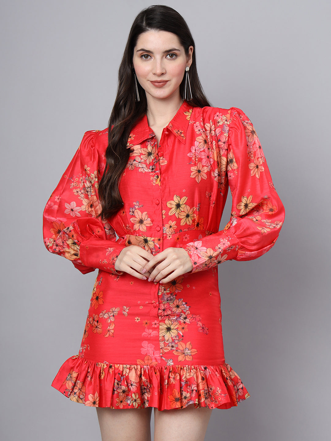 Divena Red Floral Printed Chanderi Midi Dress