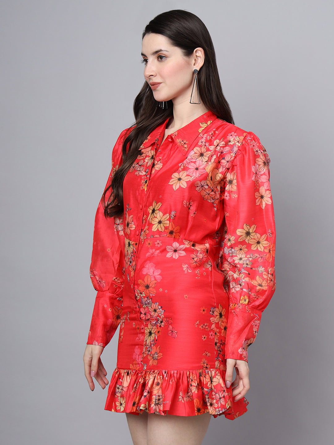 Divena Red Floral Printed Chanderi Midi Dress