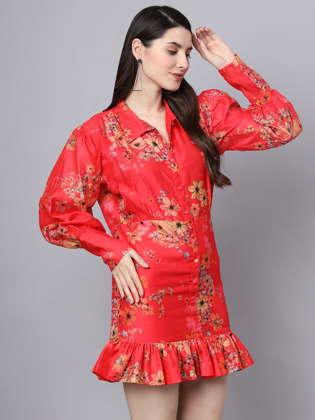 Divena Red Floral Printed Chanderi Midi Dress