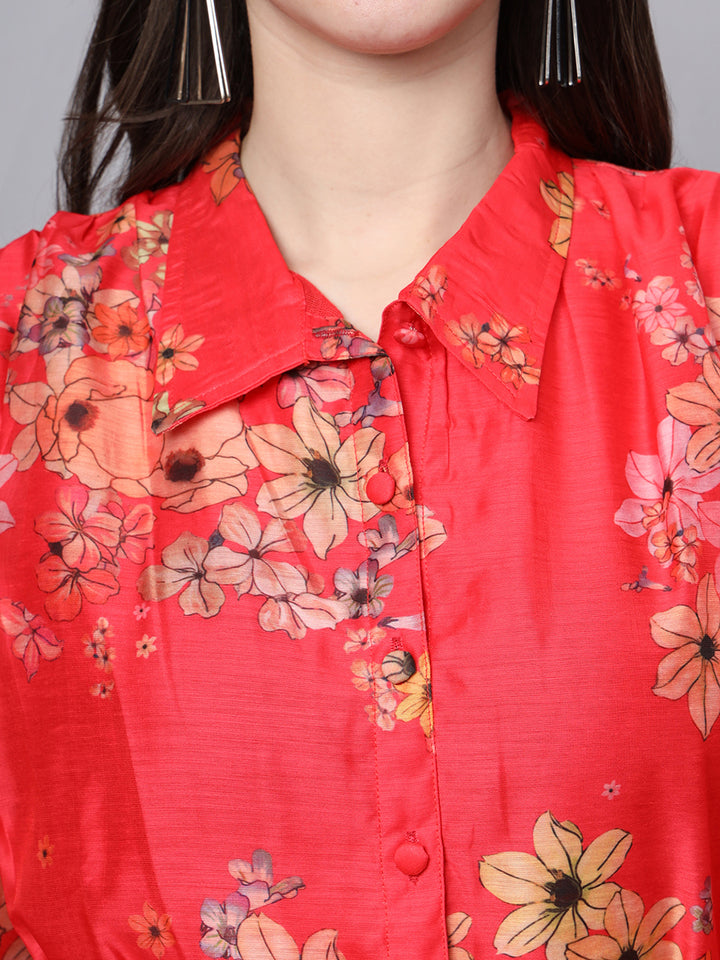 Divena Red Floral Printed Chanderi Midi Dress