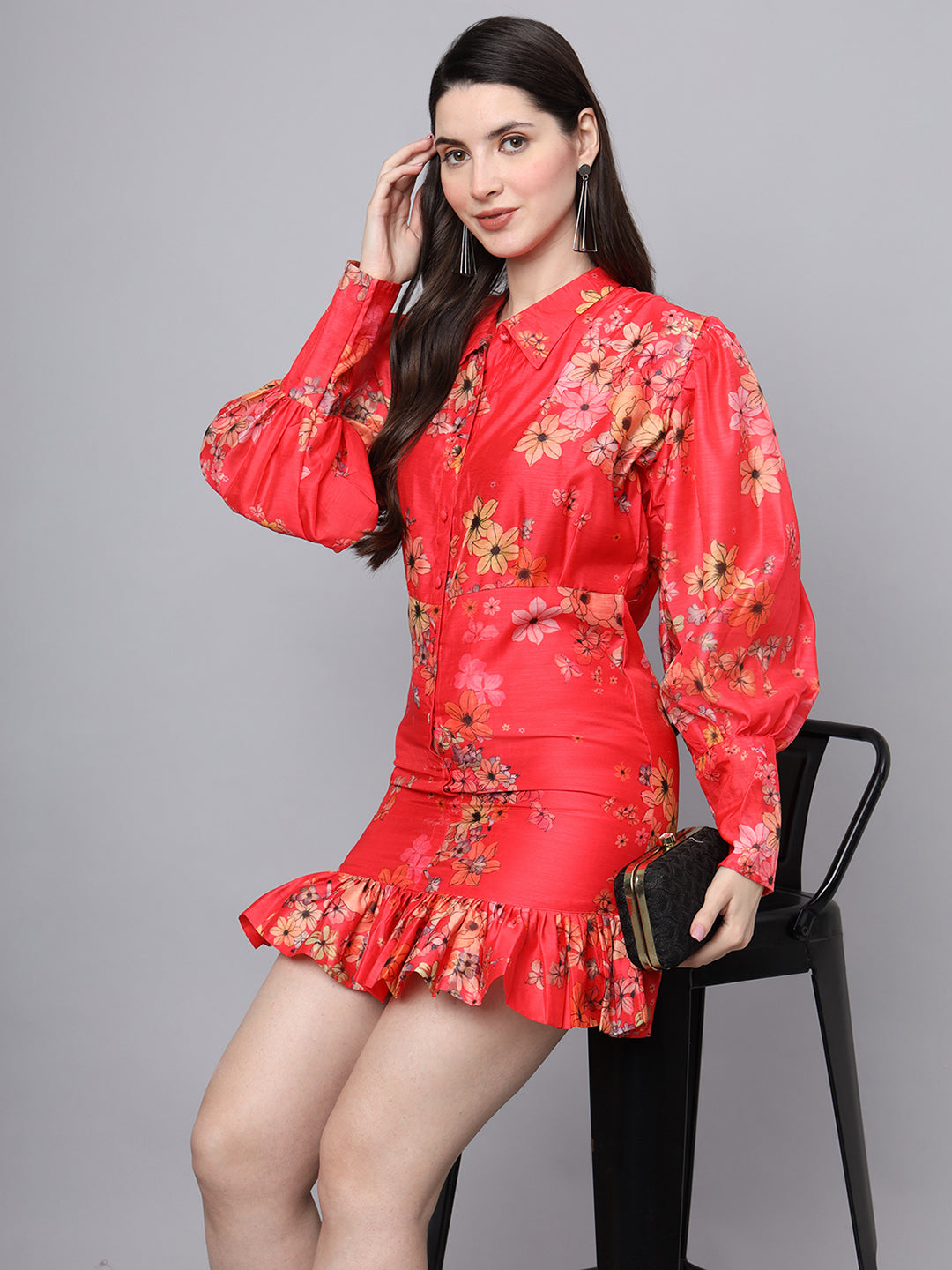 Divena Red Floral Printed Chanderi Midi Dress