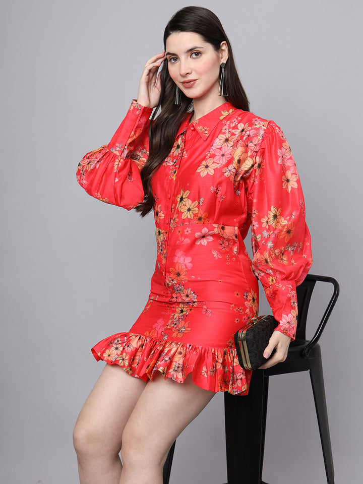 Divena Red Floral Printed Chanderi Midi Dress