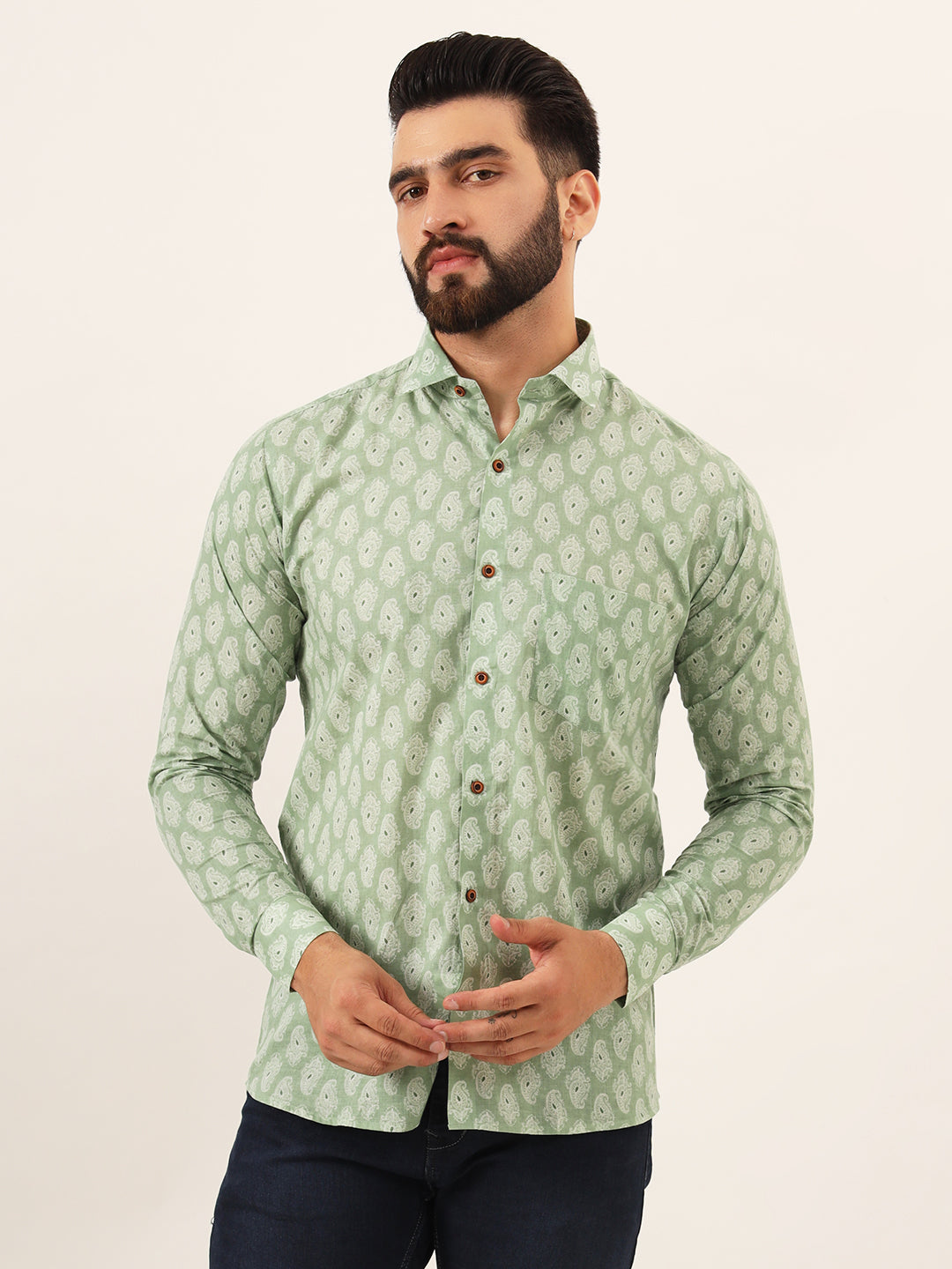 MILLENNIAL MEN Green Paisley Print Pure Cotton Regular Fit Casual Shirt