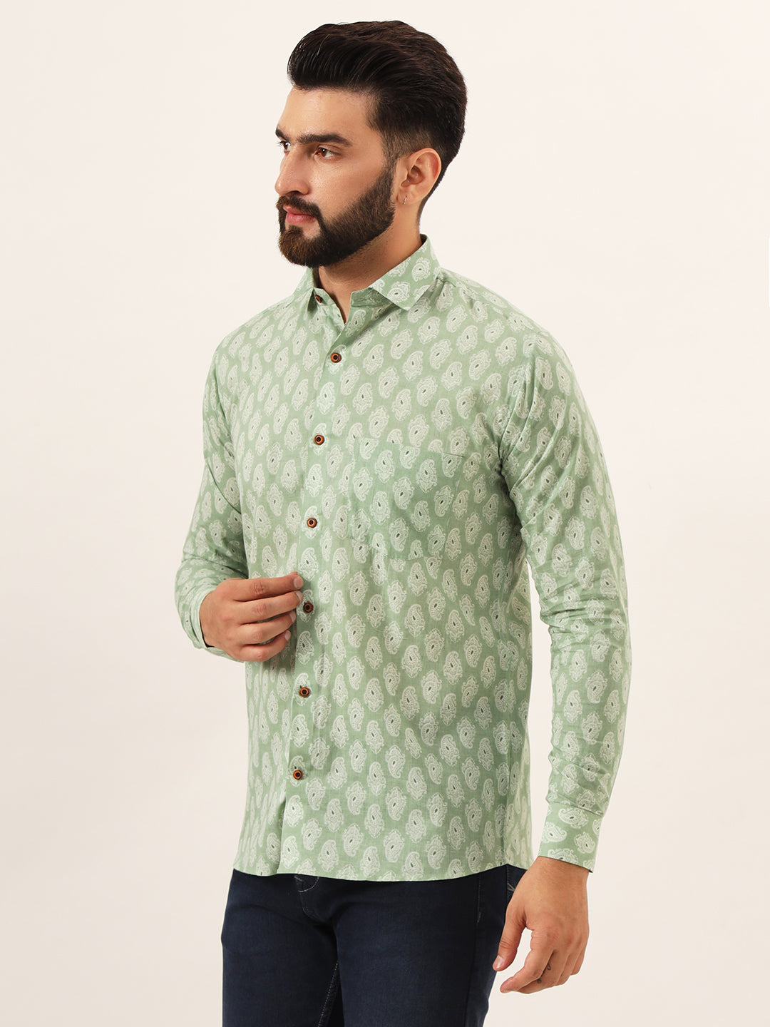 MILLENNIAL MEN Green Paisley Print Pure Cotton Regular Fit Casual Full Sleeve