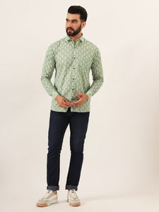 MILLENNIAL MEN Green Paisley Print Pure Cotton Regular Fit Casual Full Sleeve