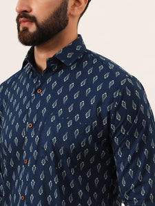 MILLENNIAL MEN Indigo blue Floral Print Pure Cotton Regular Fit Casual Shirt