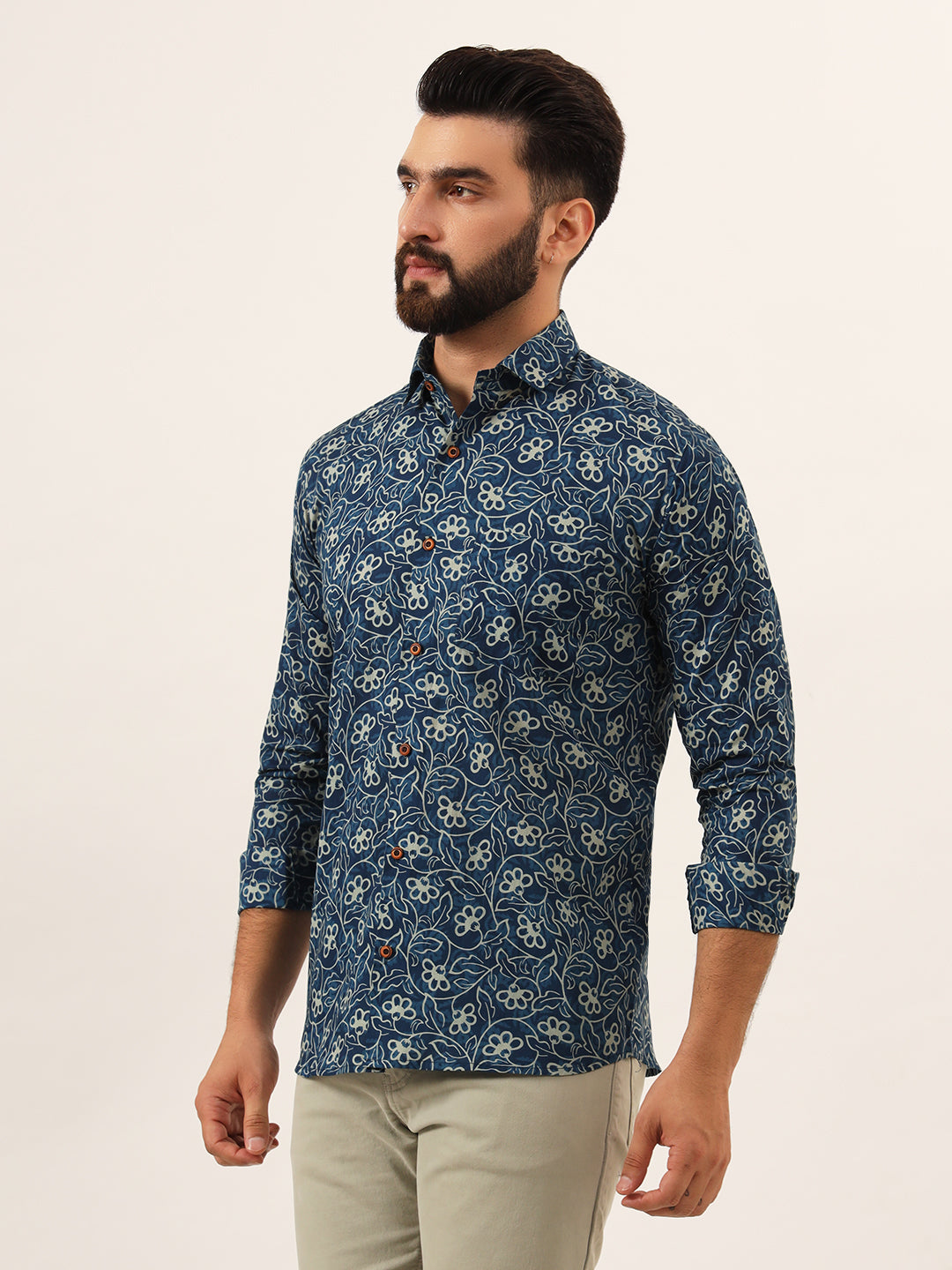 MILLENNIAL MEN Blue Floral Print Pure Cotton Regular Fit Casual Full Sleeve