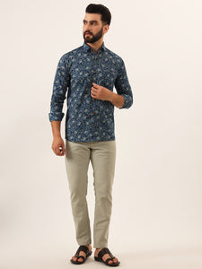 MILLENNIAL MEN Blue Floral Print Pure Cotton Regular Fit Casual Shirt