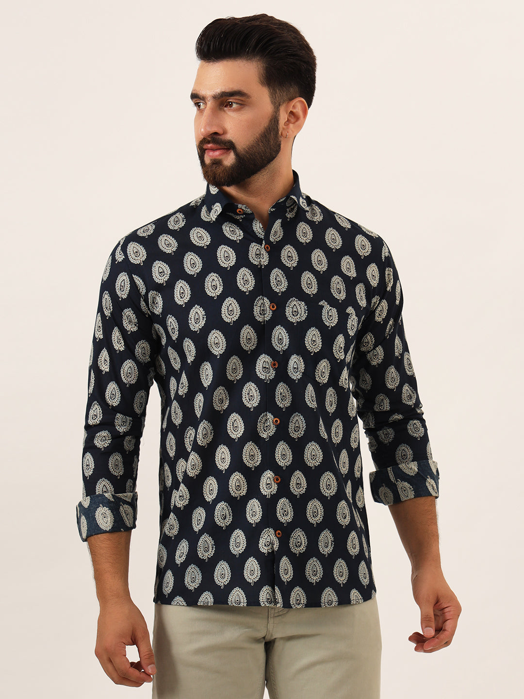 Navy Blue Printed Pure Cotton Regular Fit Casual Shirt — view 1