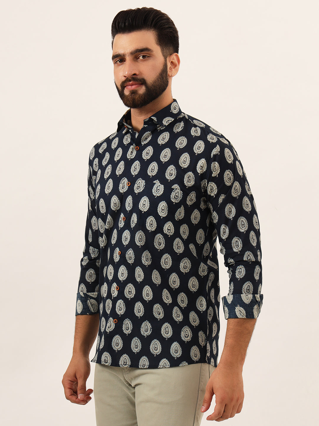 MILLENNIAL MEN Navy Blue Printed Pure Cotton Regular Fit Casual Shirt