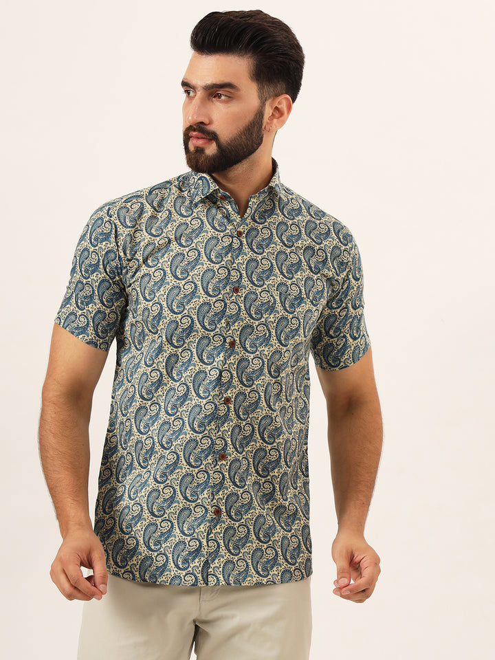 MILLENNIAL MEN Blue Paisley Print Pure Cotton Regular Fit Casual Half Sleeve