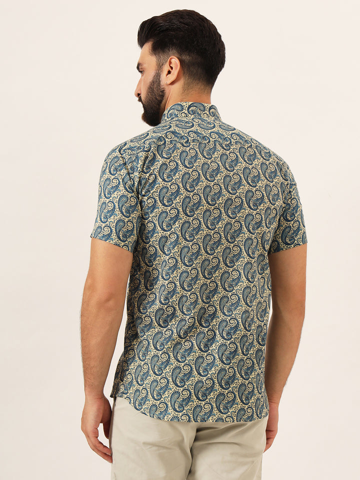MILLENNIAL MEN Blue Paisley Print Pure Cotton Regular Fit Casual Half Sleeve