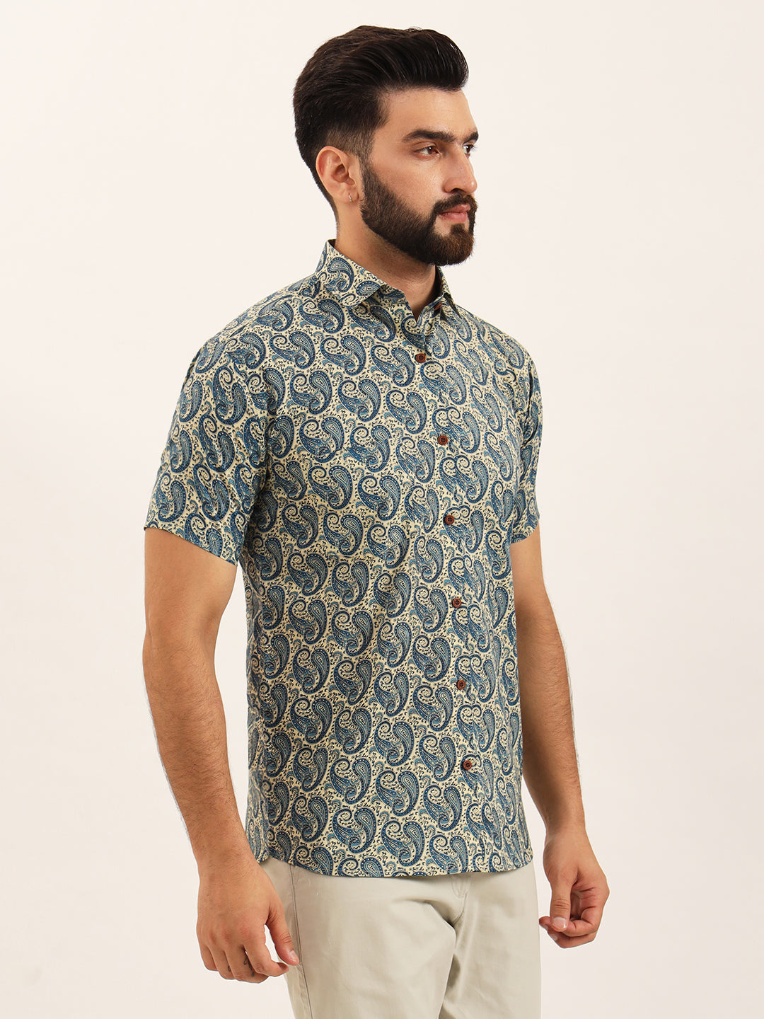 MILLENNIAL MEN Blue Paisley Print Pure Cotton Regular Fit Casual Half Sleeve