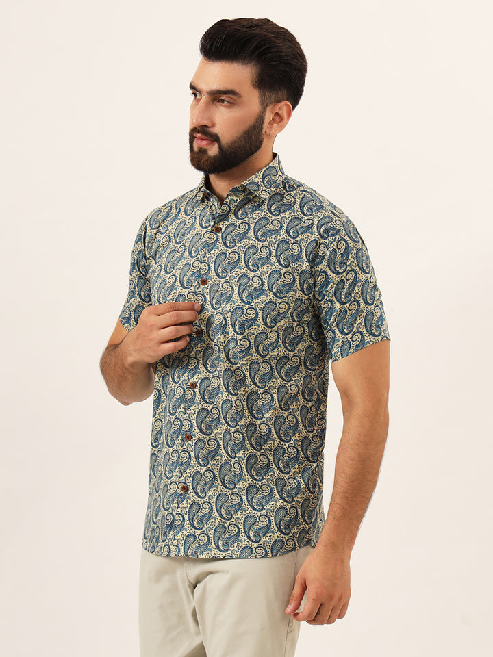 MILLENNIAL MEN Blue Paisley Print Pure Cotton Regular Fit Casual Half Sleeve