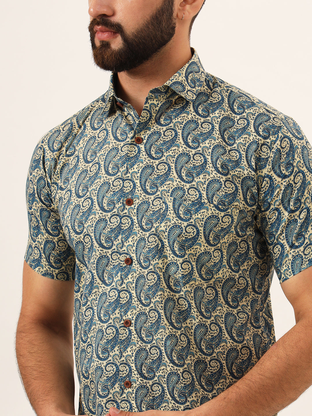 MILLENNIAL MEN Blue Paisley Print Pure Cotton Regular Fit Casual Half Sleeve