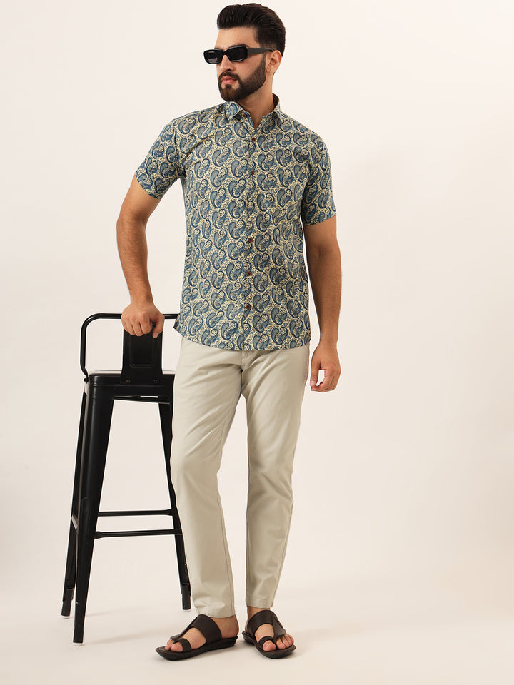 MILLENNIAL MEN Blue Paisley Print Pure Cotton Regular Fit Casual Half Sleeve