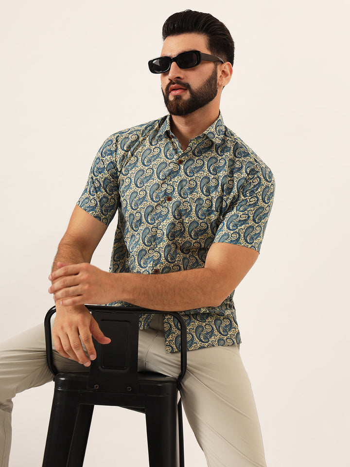 MILLENNIAL MEN Blue Paisley Print Pure Cotton Regular Fit Casual Half Sleeve