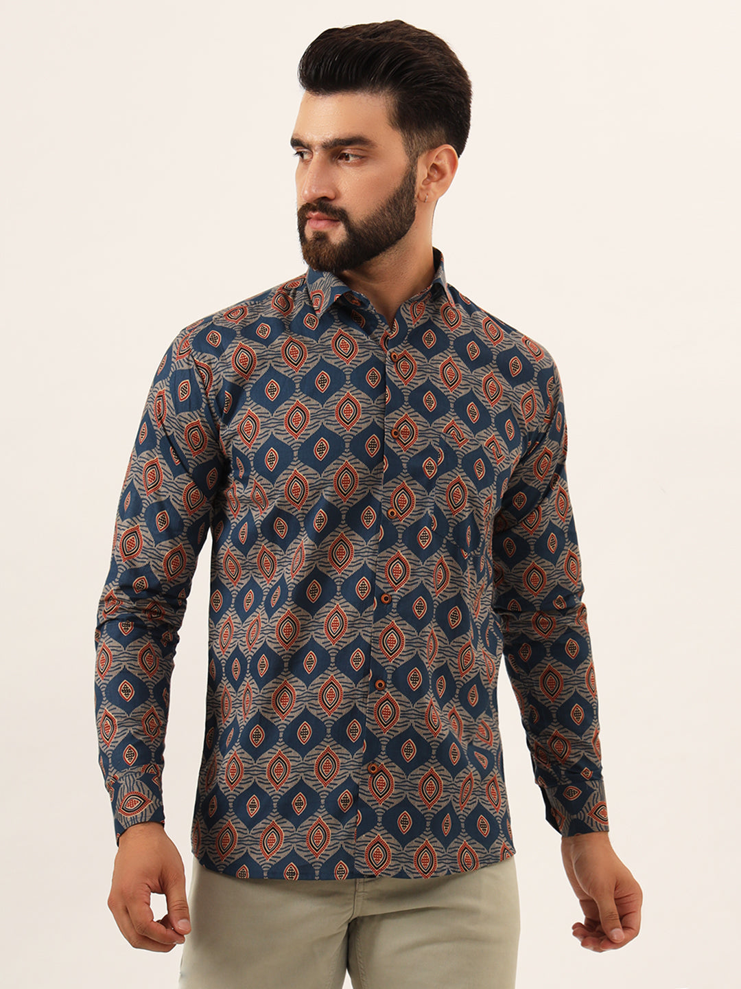 Blue Printed Pure Cotton Regular Fit Casual Shirt — view 1