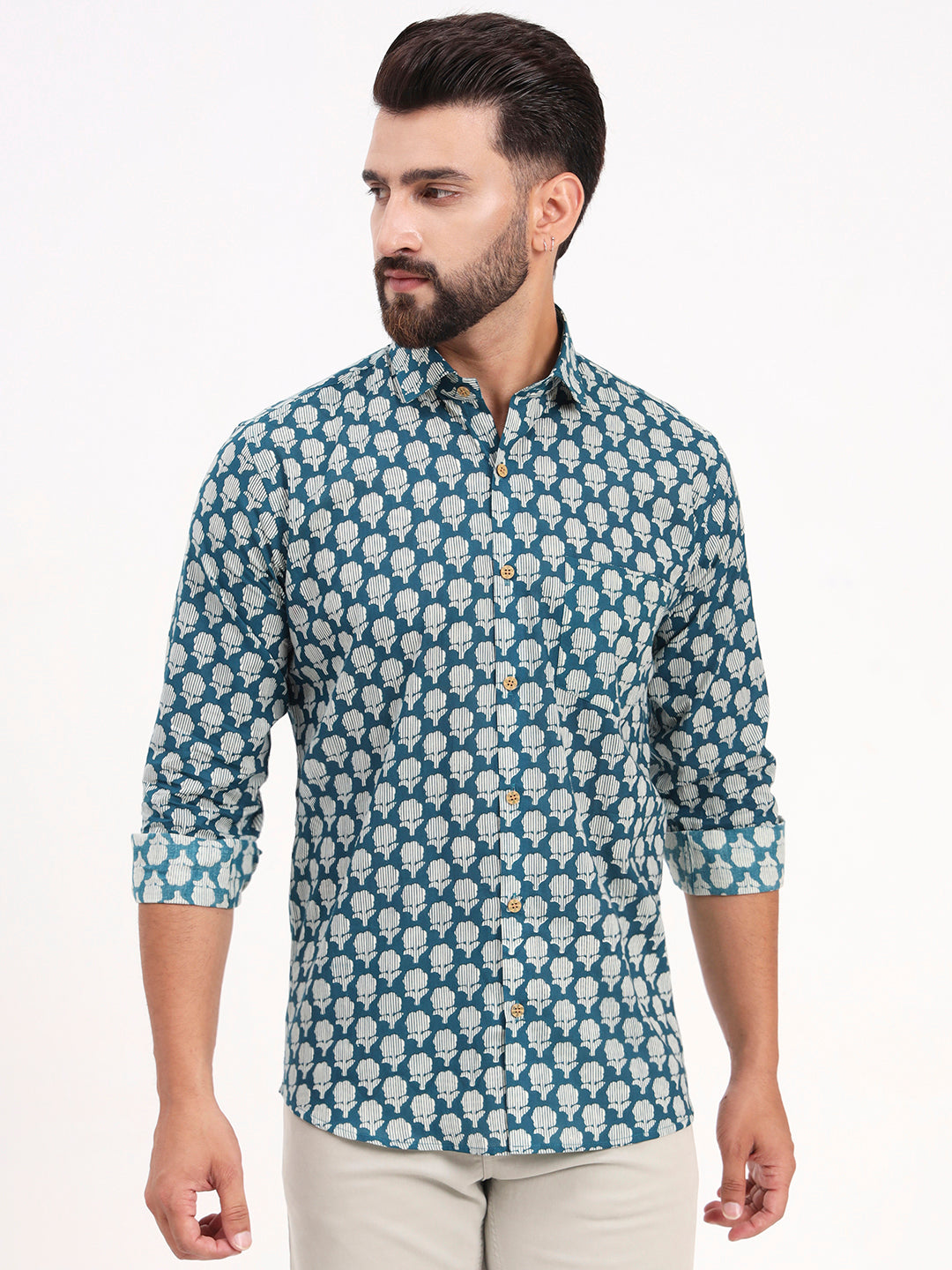 MILLENNIAL MEN Teal Blue Floral Printed Full Sleeves Shirt