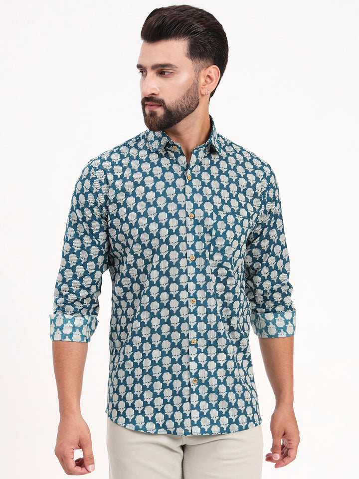 MILLENNIAL MEN Teal Blue Floral Printed Full Sleeves Shirt