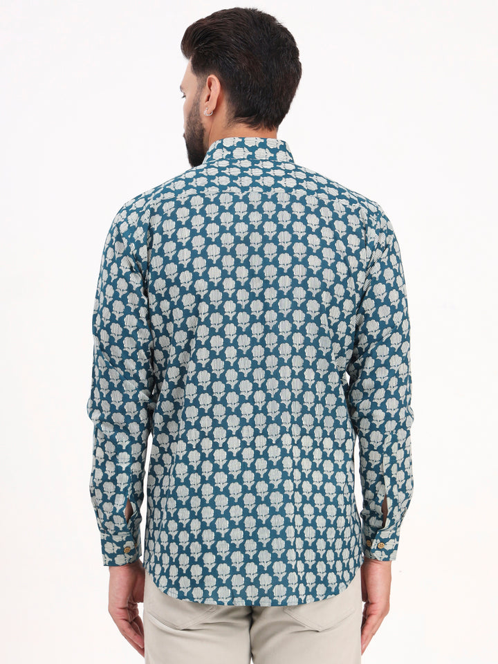 MILLENNIAL MEN Teal Blue Floral Printed Full Sleeves Shirt