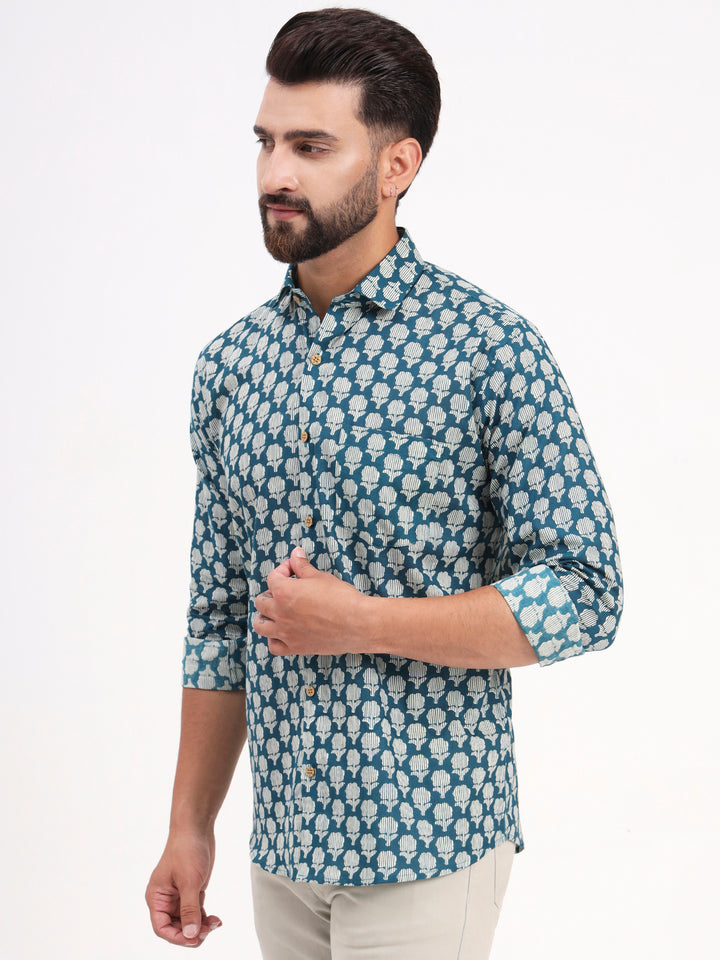 MILLENNIAL MEN Teal Blue Floral Printed Full Sleeves Shirt