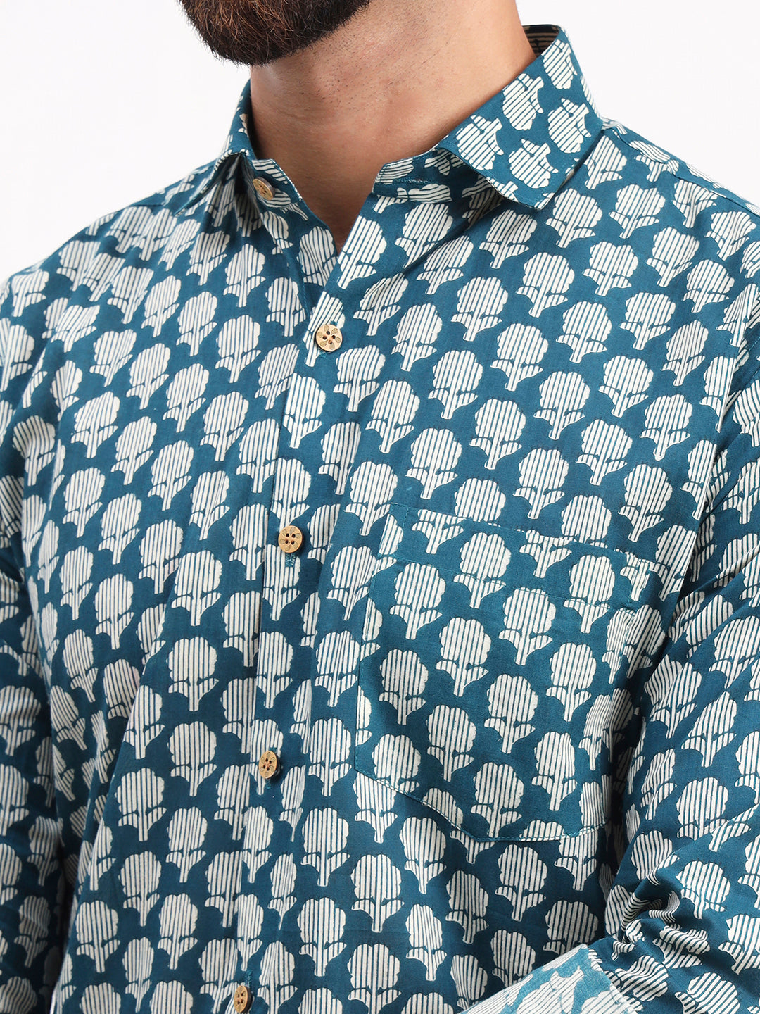 MILLENNIAL MEN Teal Blue Floral Printed Full Sleeves Shirt