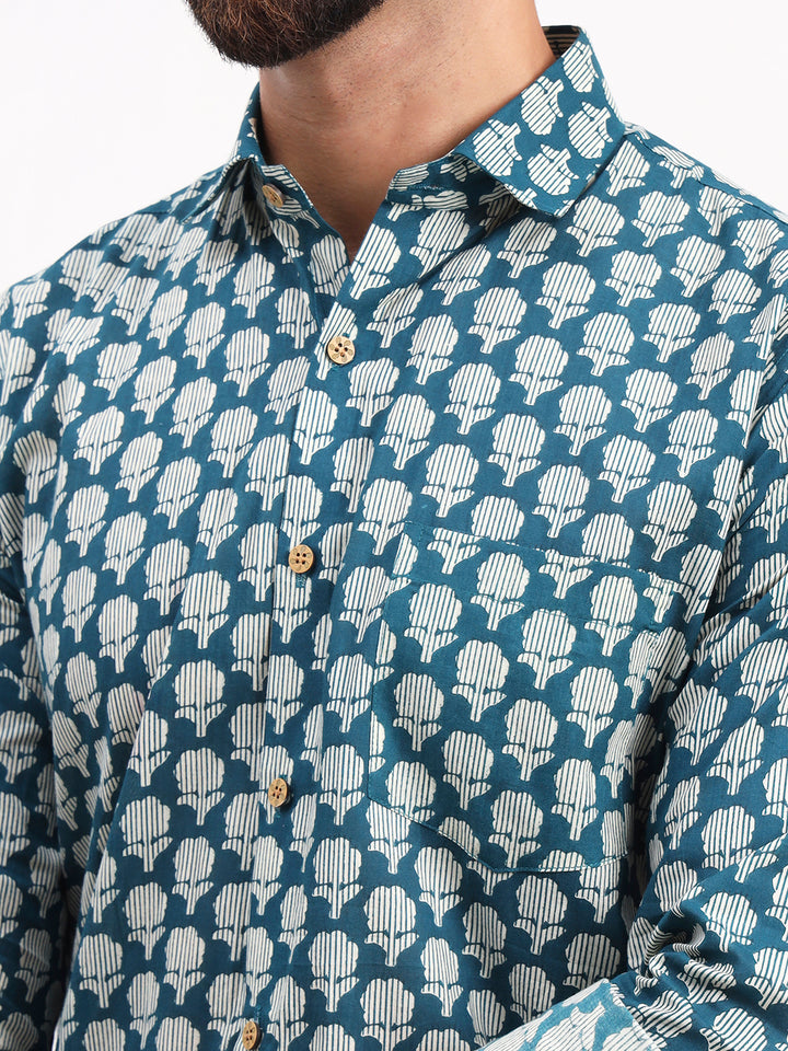 MILLENNIAL MEN Teal Blue Floral Printed Full Sleeves Shirt