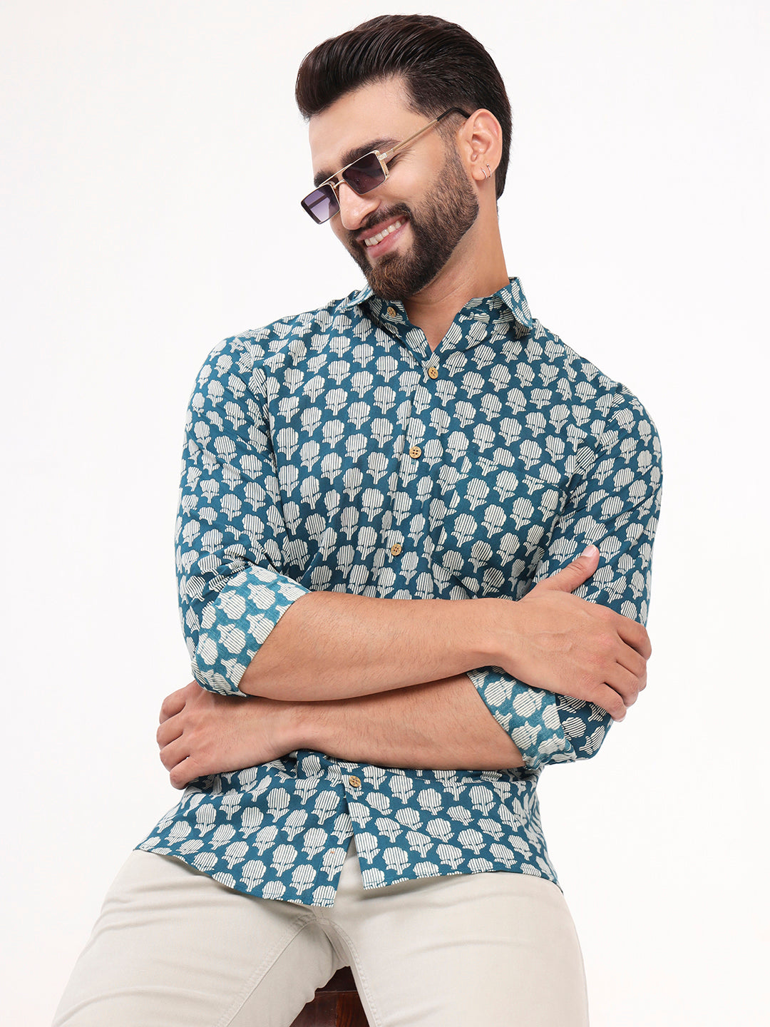 MILLENNIAL MEN Teal Blue Floral Printed Full Sleeves Shirt