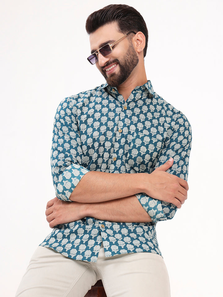 MILLENNIAL MEN Teal Blue Floral Printed Full Sleeves Shirt
