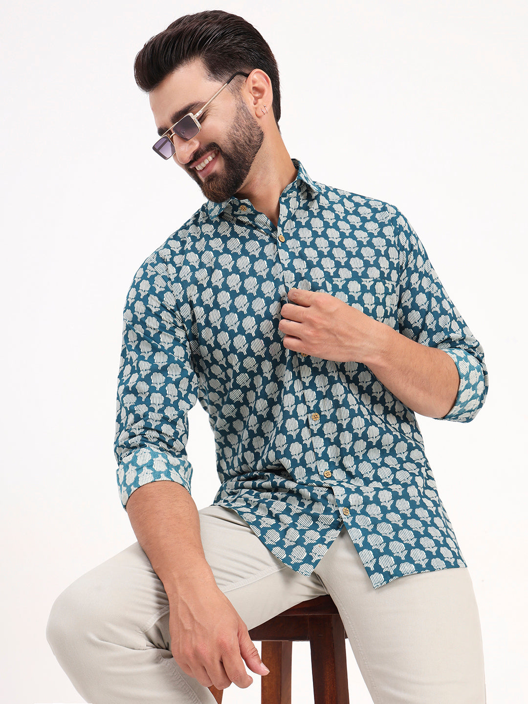Teal Blue Floral Printed Full Sleeves Shirt — view 1