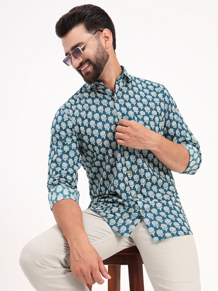 MILLENNIAL MEN Teal Blue Floral Printed Full Sleeves Shirt