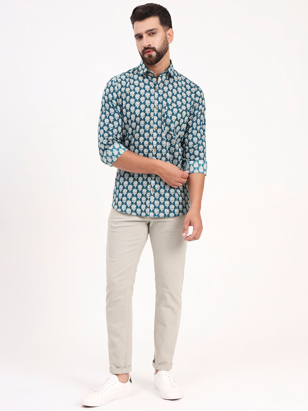 MILLENNIAL MEN Teal Blue Floral Printed Full Sleeves Shirt