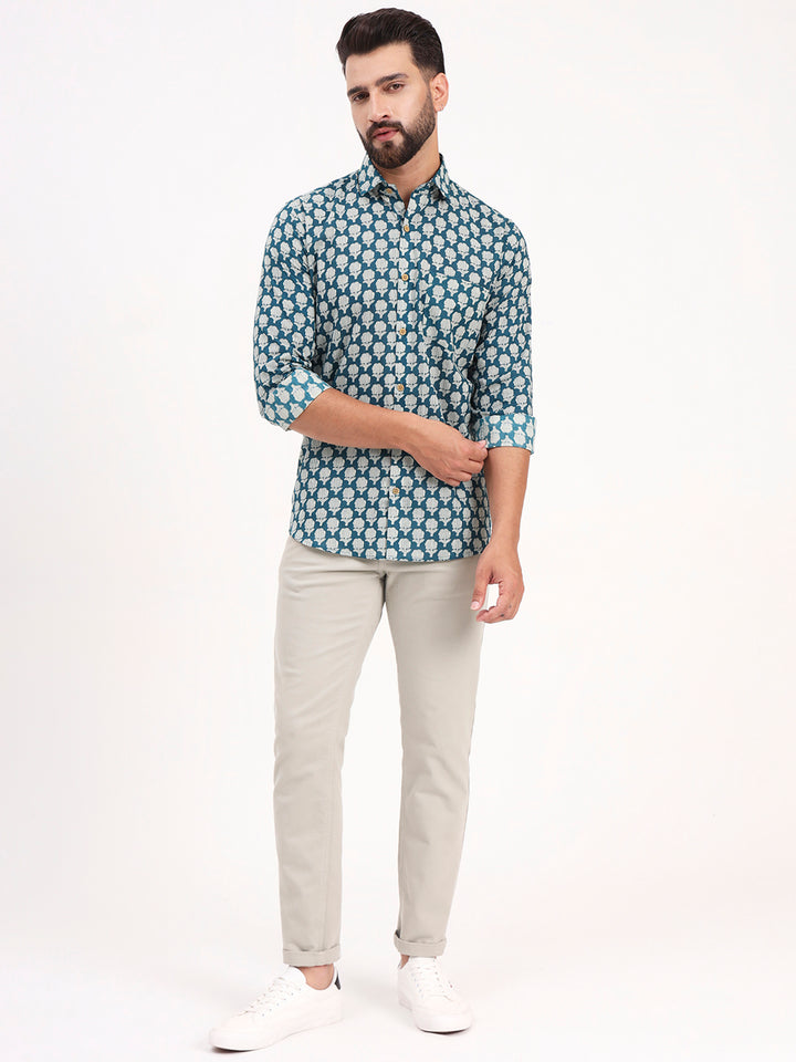 MILLENNIAL MEN Teal Blue Floral Printed Full Sleeves Shirt
