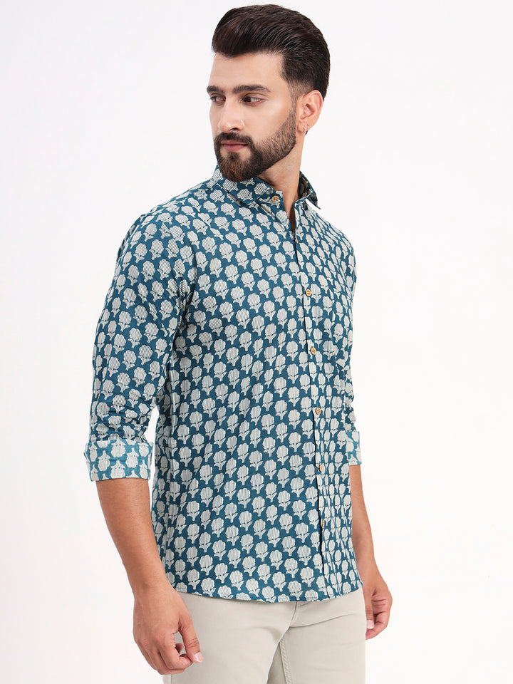 MILLENNIAL MEN Teal Blue Floral Printed Full Sleeves Shirt