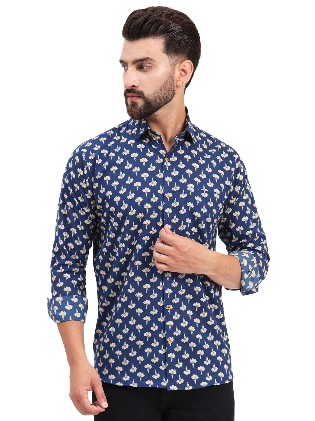 MILLENNIAL MEN Blue Floral Printed Full Sleeves Shirt