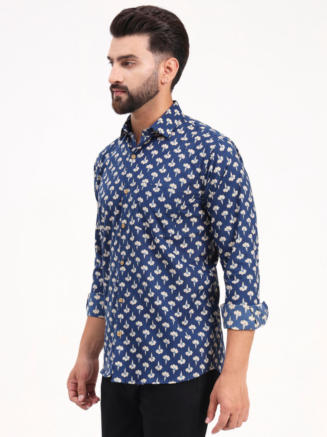 MILLENNIAL MEN Blue Floral Printed Full Sleeves Shirt