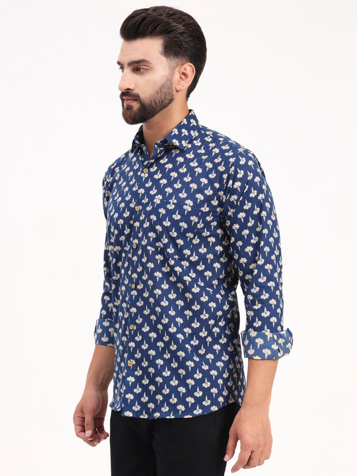 MILLENNIAL MEN Blue Floral Printed Full Sleeves Shirt