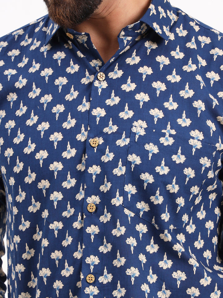 MILLENNIAL MEN Blue Floral Printed Full Sleeves Shirt