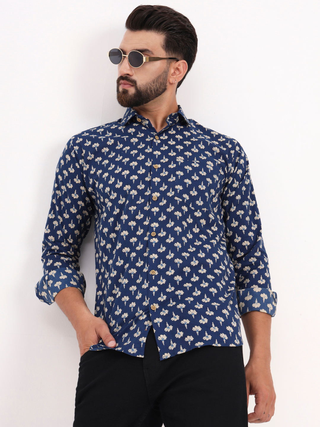 Blue Floral Printed Full Sleeves Shirt — view 1