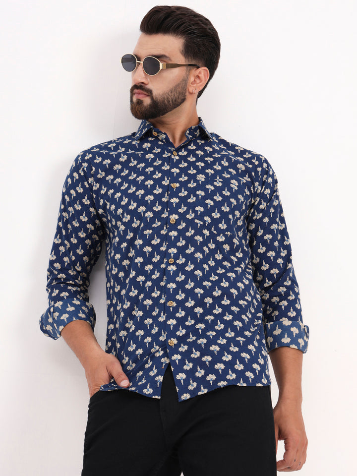 MILLENNIAL MEN Blue Floral Printed Full Sleeves Shirt
