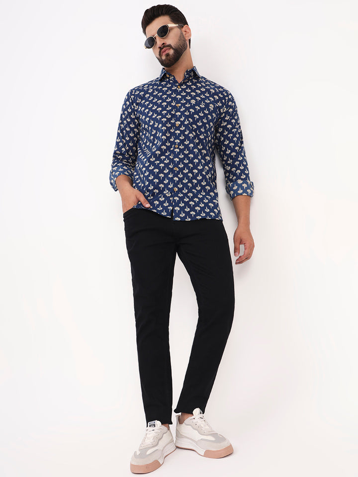 MILLENNIAL MEN Blue Floral Printed Full Sleeves Shirt