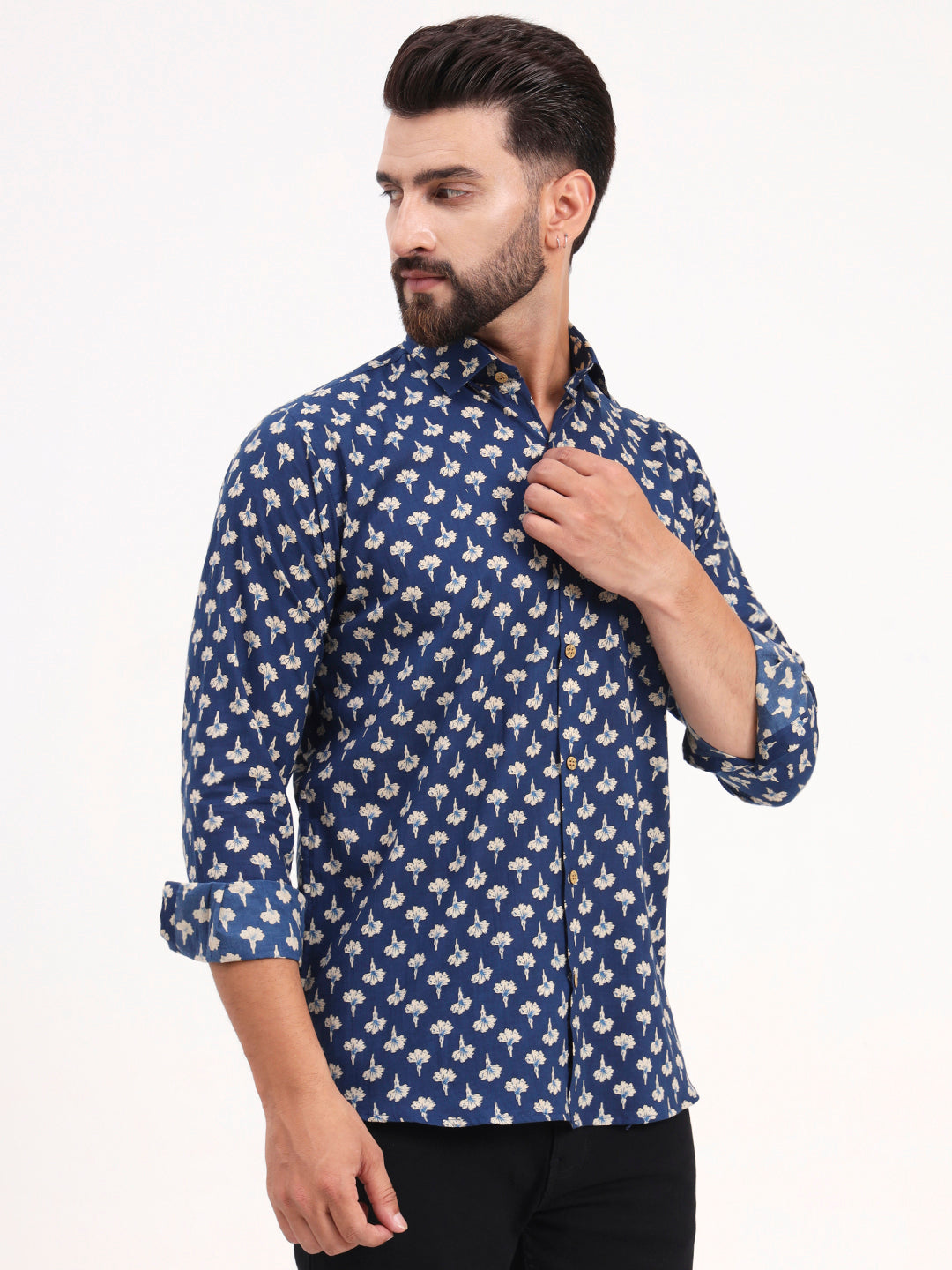 MILLENNIAL MEN Blue Floral Printed Full Sleeves Shirt