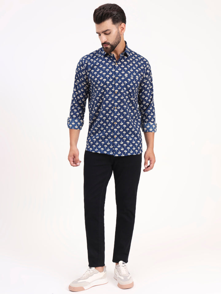 MILLENNIAL MEN Blue Floral Printed Full Sleeves Shirt