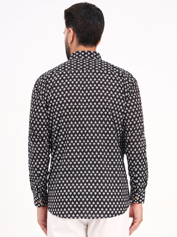 MILLENNIAL MEN Black Floral Printed Full Sleeves Shirt
